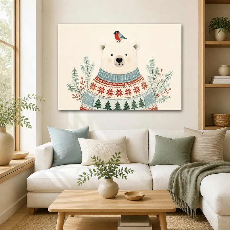 Toile artistique ours avec oiseau