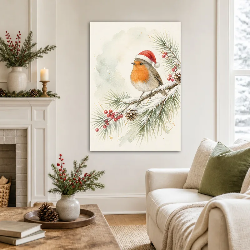 Toile artistique rouge-gorge de noël