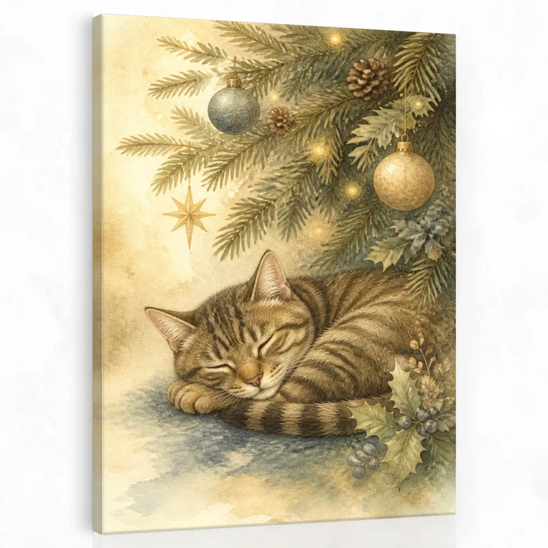 Kunstdruck schlafende katze unter weihnachtsbaum