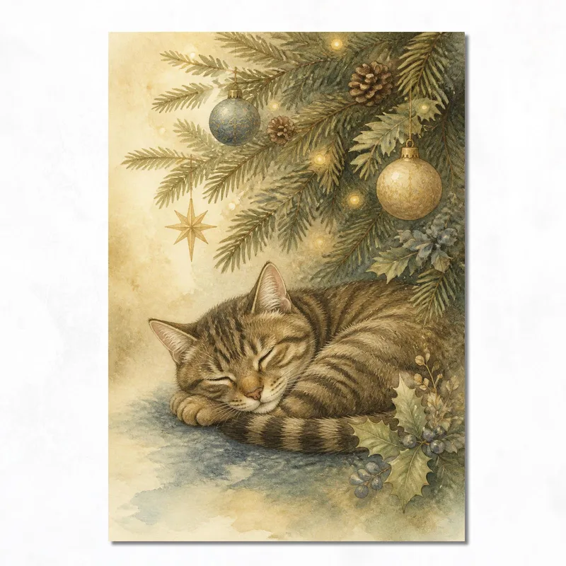 Canvas print sleeping cat under christmas tree