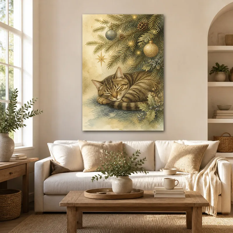 Canvas print sleeping cat under christmas tree
