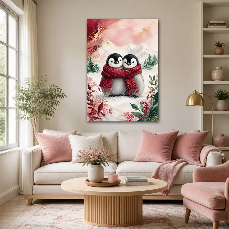 Impresion en lienzo pingüinos en bufandas rojas