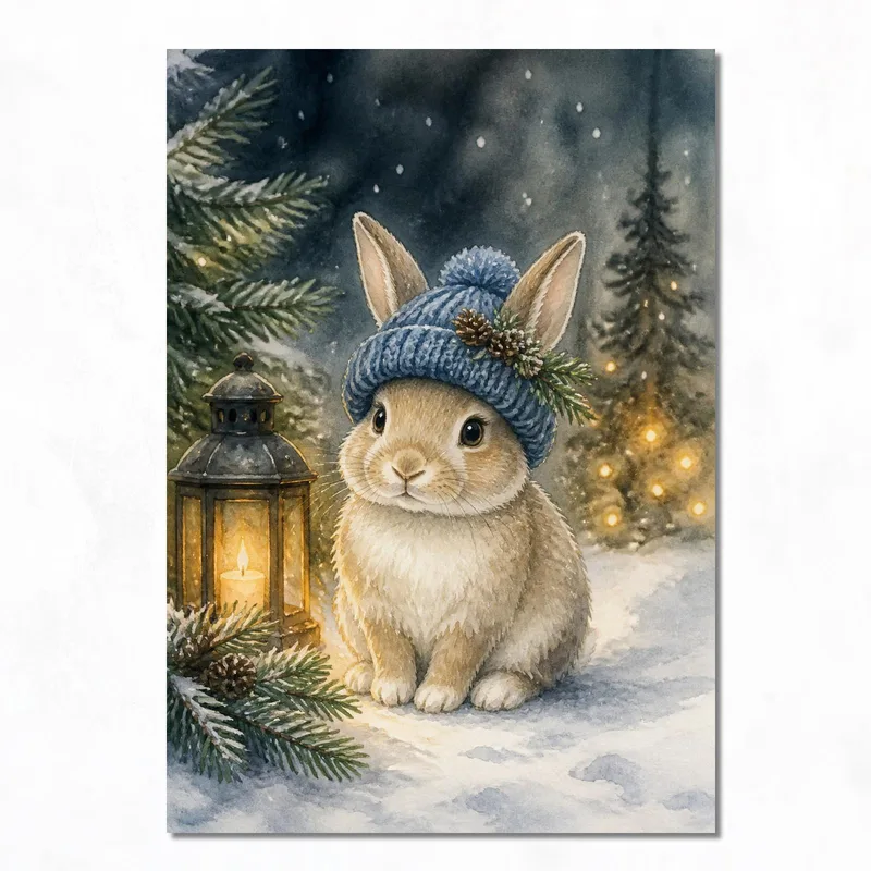 Lienzo artistico conejo de invierno con linterna