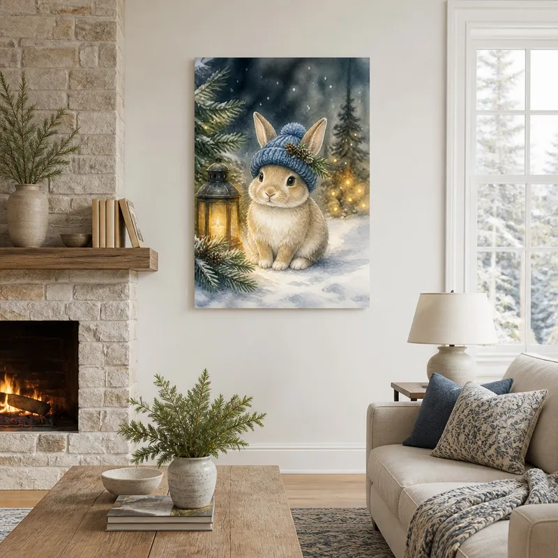 Lienzo artistico conejo de invierno con linterna