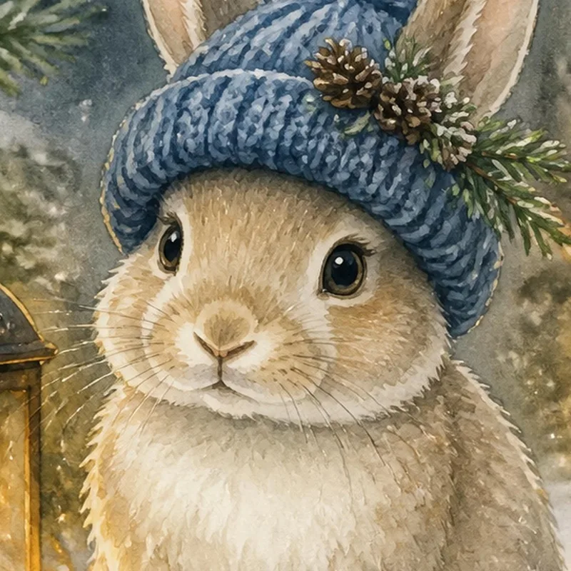 Lienzo artistico conejo de invierno con linterna