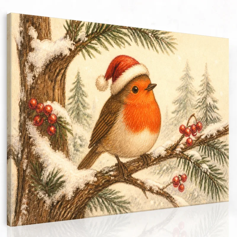 Robin mit Weihnachtsmütze drucken auf leinwand