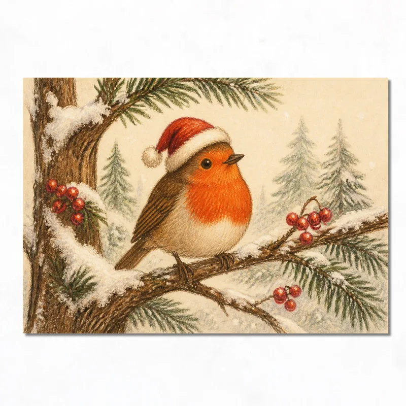 Rouge-gorge avec un Chapeau de Noël tableau sur toile