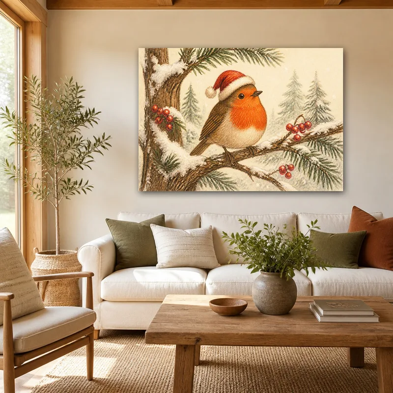 Rouge-gorge avec un Chapeau de Noël tableau sur toile