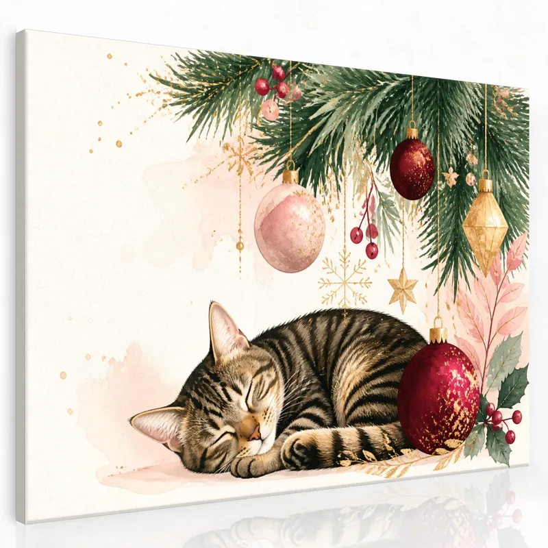 Schlafende Katze mit Weihnachtsornamenten drucken auf leinwand