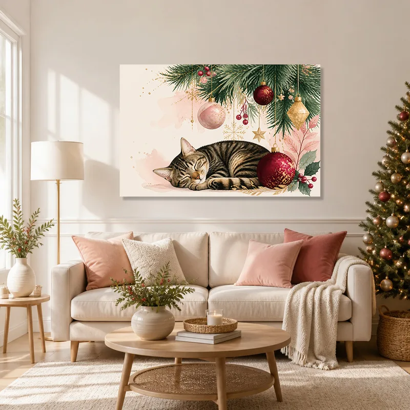Gato durmiendo con adornos navideños cuadro en lienzo