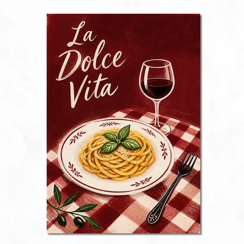Plat de Pâtes avec Verre de Vin tableau moderne