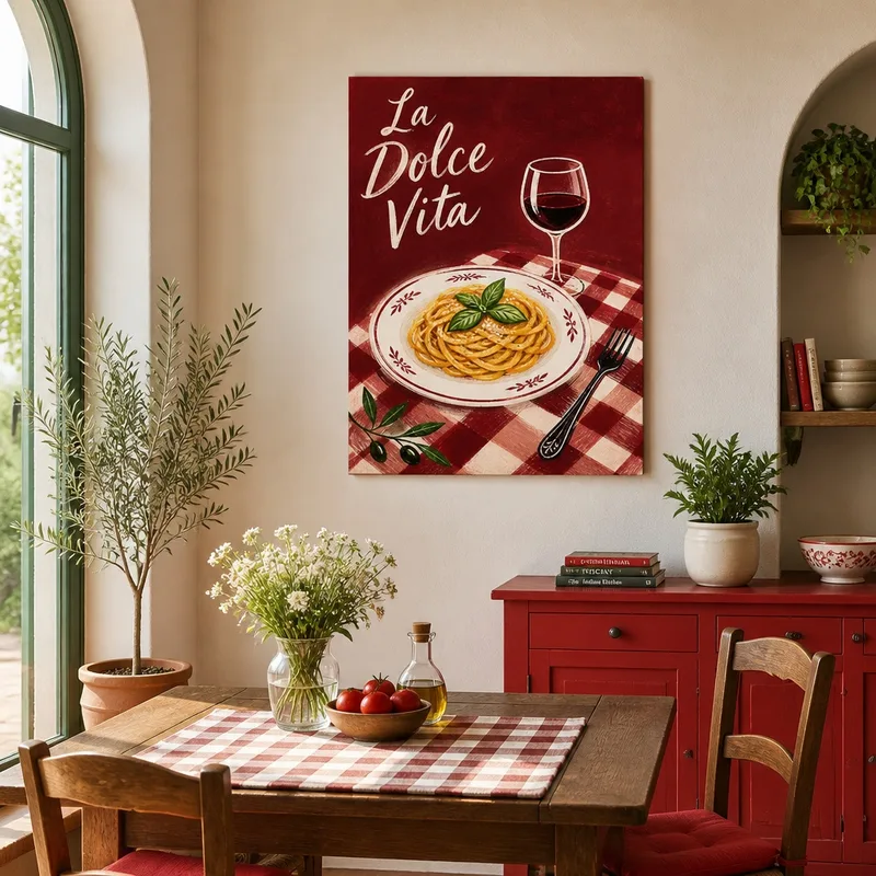 Plat de Pâtes avec Verre de Vin tableau moderne