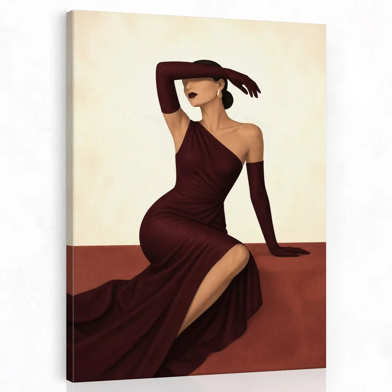 Mujer elegante con vestido burdeos cuadro moderno