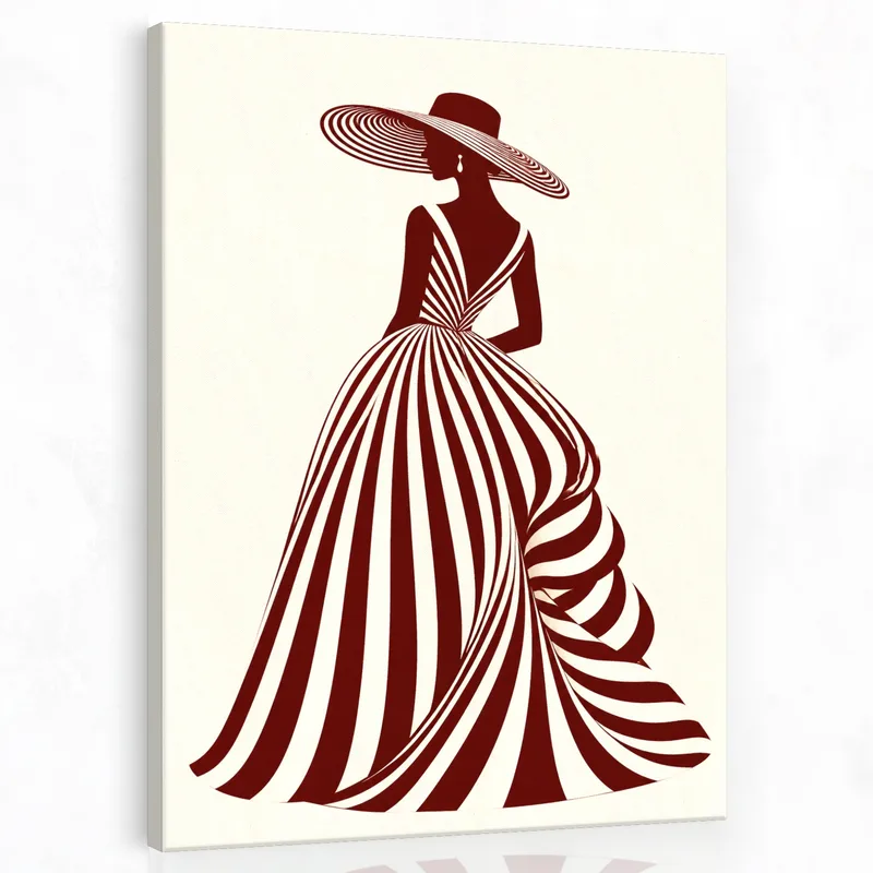 Mujer elegante con vestido a rayas cuadro en lienzo