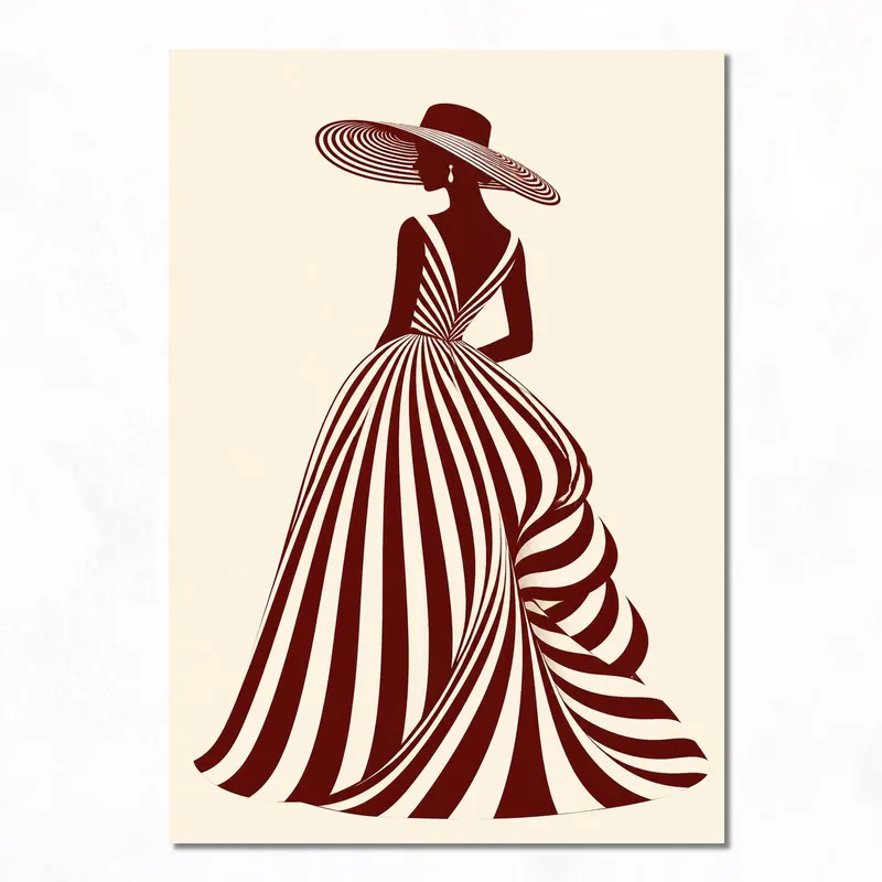 Mujer elegante con vestido a rayas cuadro en lienzo