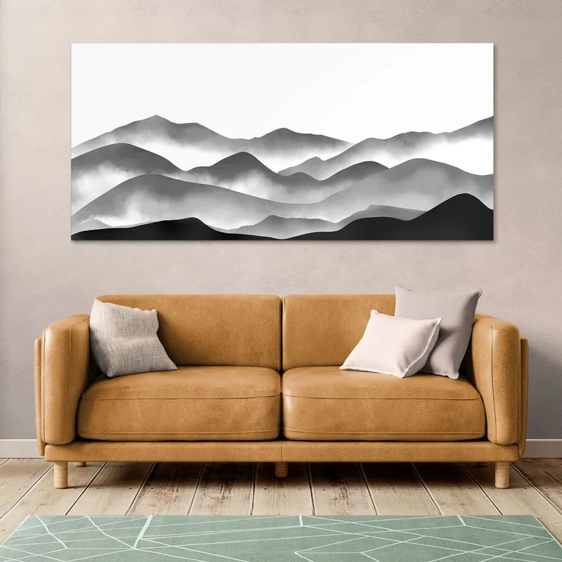 Quadro Paesaggio Astratto Paesaggio Montuoso Grigio E Nero Con Nebbia Minimalista