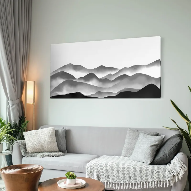 Quadro Paesaggio Astratto Paesaggio Montuoso Grigio E Nero Con Nebbia Minimalista