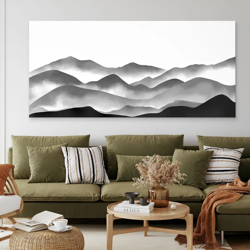 Quadro Paesaggio Astratto Paesaggio Montuoso Grigio E Nero Con Nebbia Minimalista