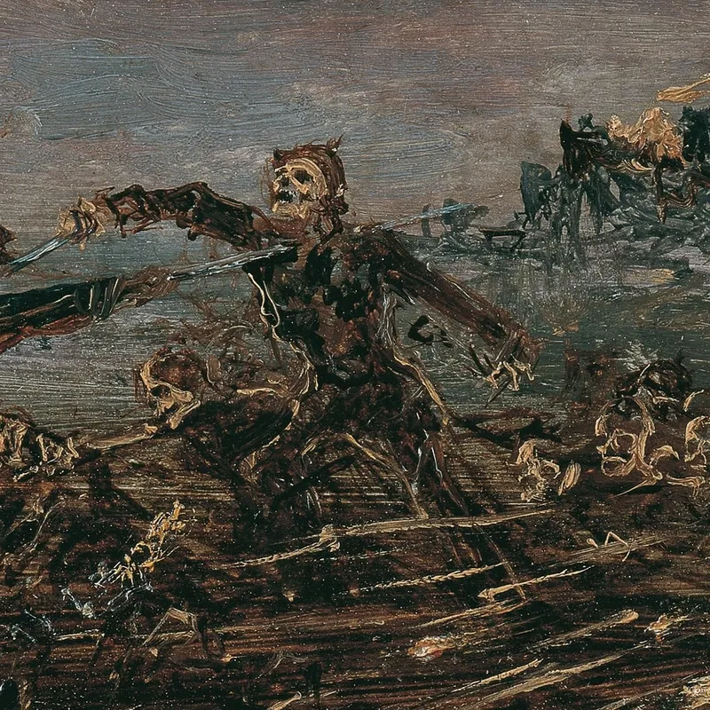 Danza Macabra En El Campo De Batalla Frente A Ruinas En Llamas Anton Romako