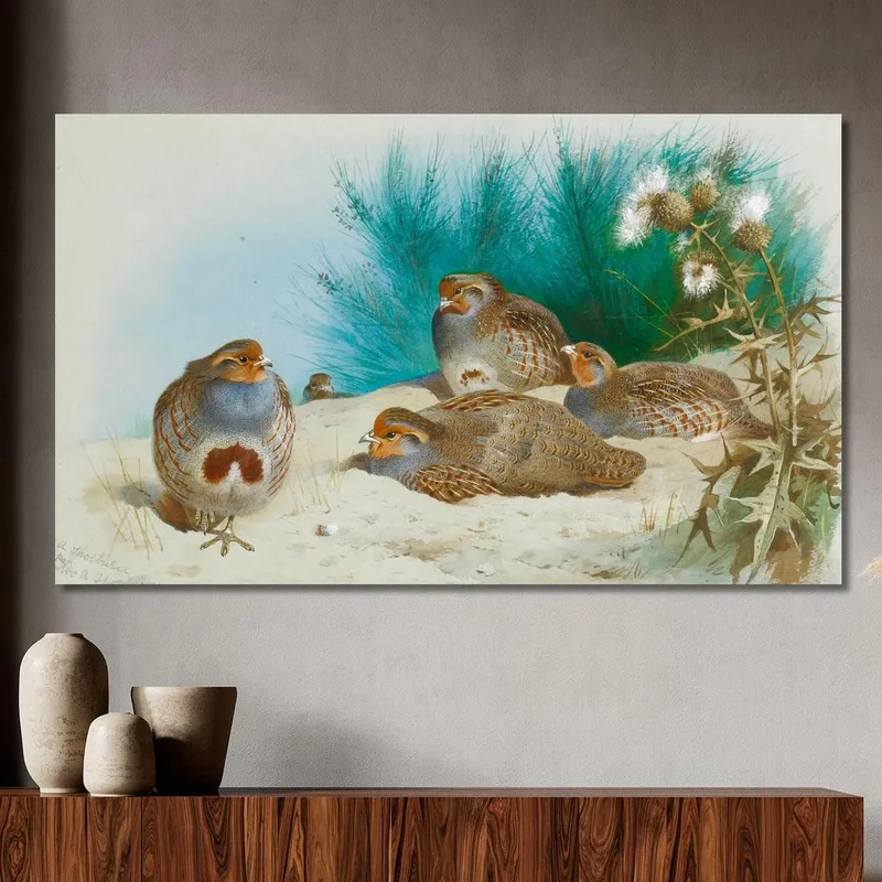 English Partridge With Gorse And Thistles Archibald Thorburn
