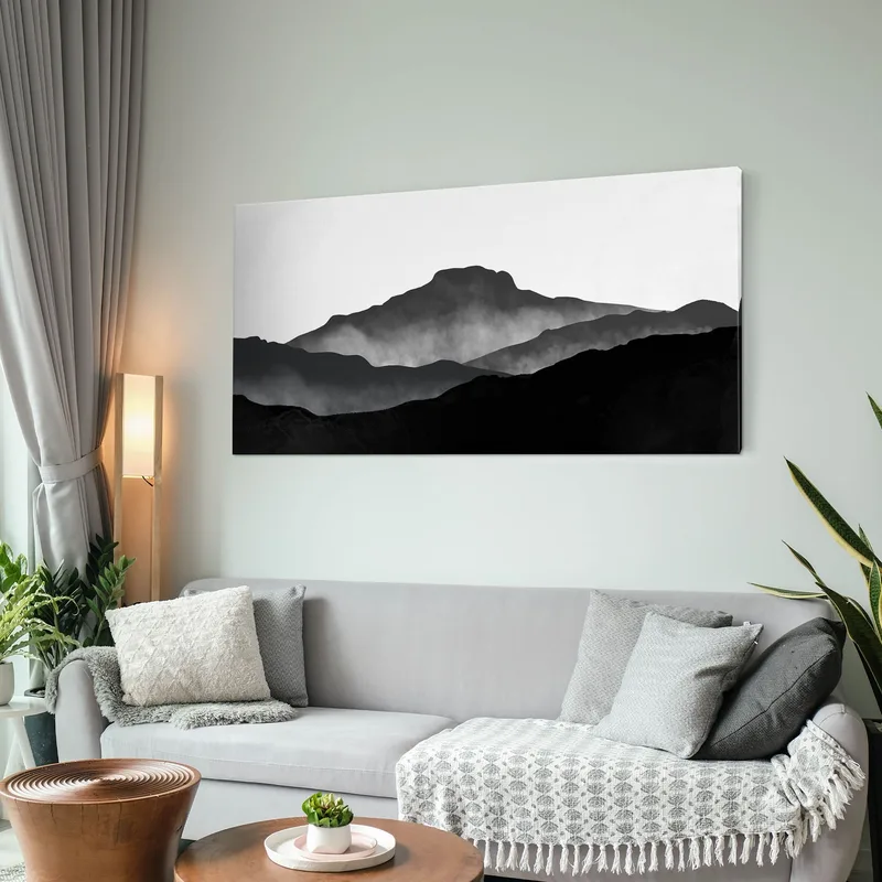 Quadro Paesaggio Astratto Paesaggio Montuoso Nebbioso Nero E Grigio Minimalista