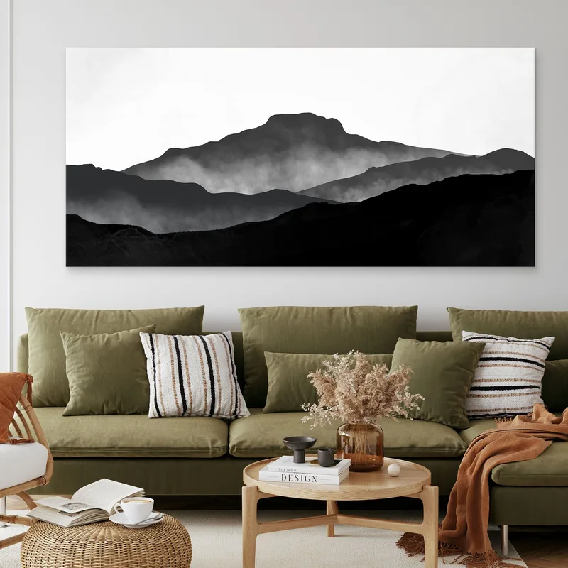 Quadro Paesaggio Astratto Paesaggio Montuoso Nebbioso Nero E Grigio Minimalista