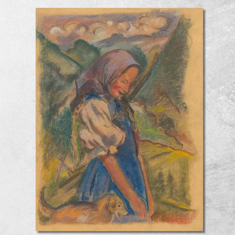 Mädchen Mit Hund In Einer Landschaft Arnold Peter Weisz-Kubínčan drucken auf leinwand