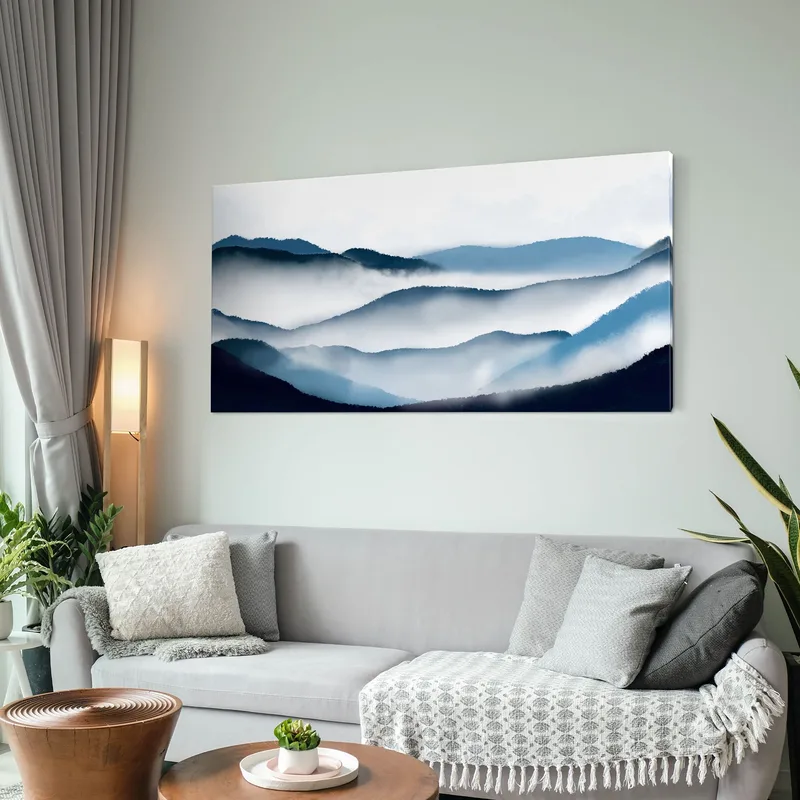 Abstract Landscape Painting Art Blue Mountainous Landscape With Fog And Hills