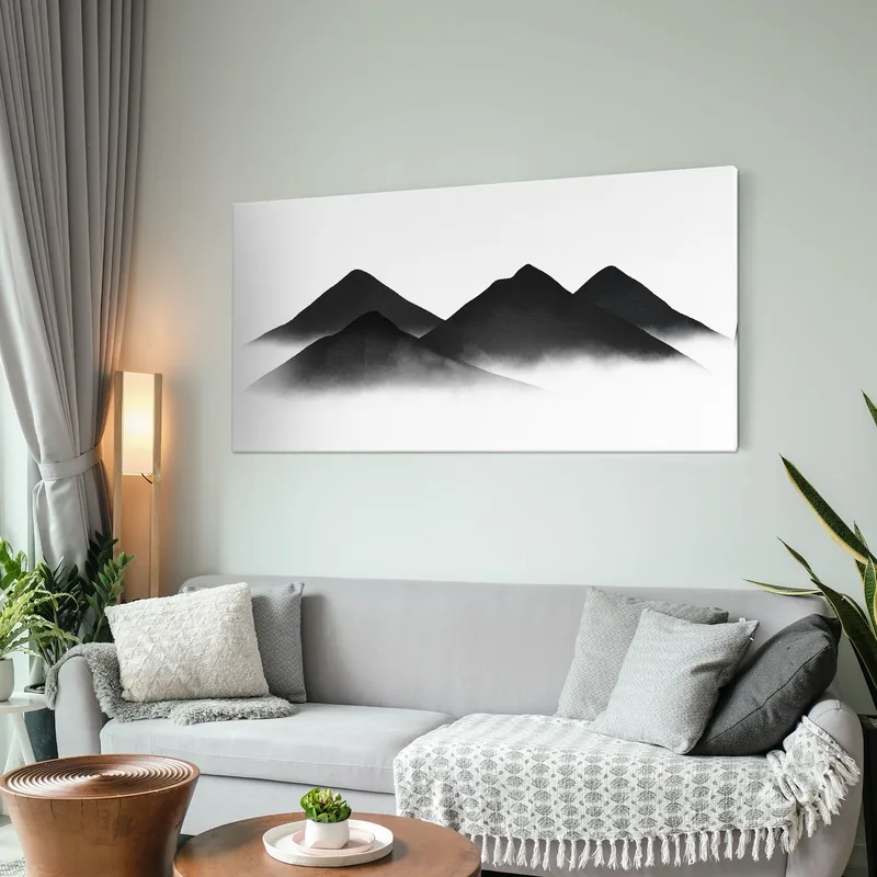 Cuadro De Paisaje Abstracto Paisaje Montañoso Negro Con Niebla Y Colinas