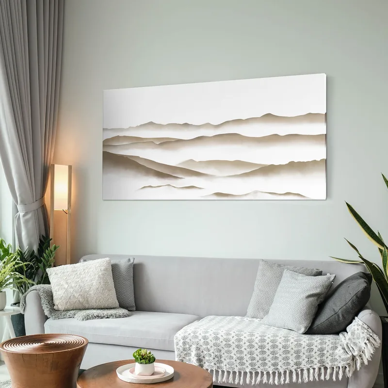 Abstract Landscape Painting Misty Beige And White Minimalist Mountainous Landscape