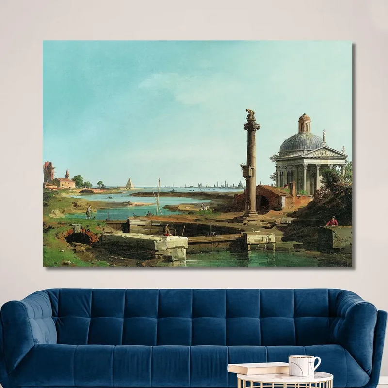 Ein Schloss Eine Säule Und Eine Kirche Neben Einer Lagune Canaletto