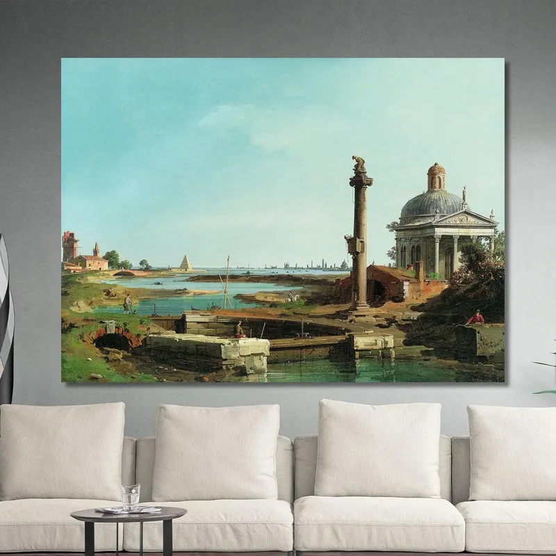 Ein Schloss Eine Säule Und Eine Kirche Neben Einer Lagune Canaletto