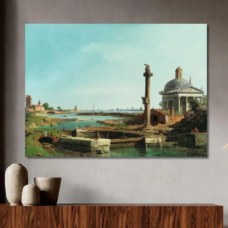 Ein Schloss Eine Säule Und Eine Kirche Neben Einer Lagune Canaletto