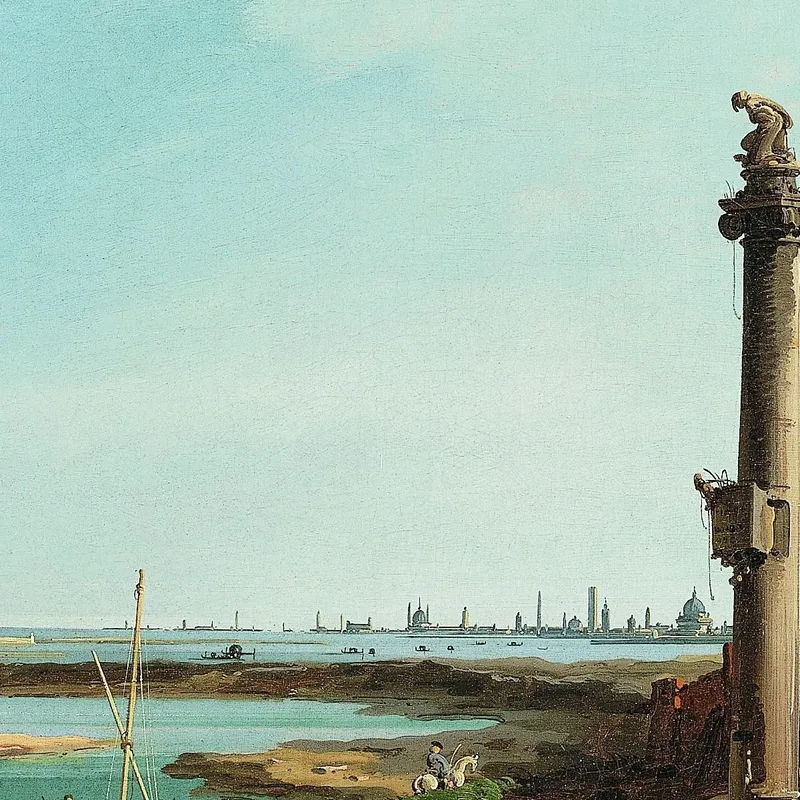 Ein Schloss Eine Säule Und Eine Kirche Neben Einer Lagune Canaletto
