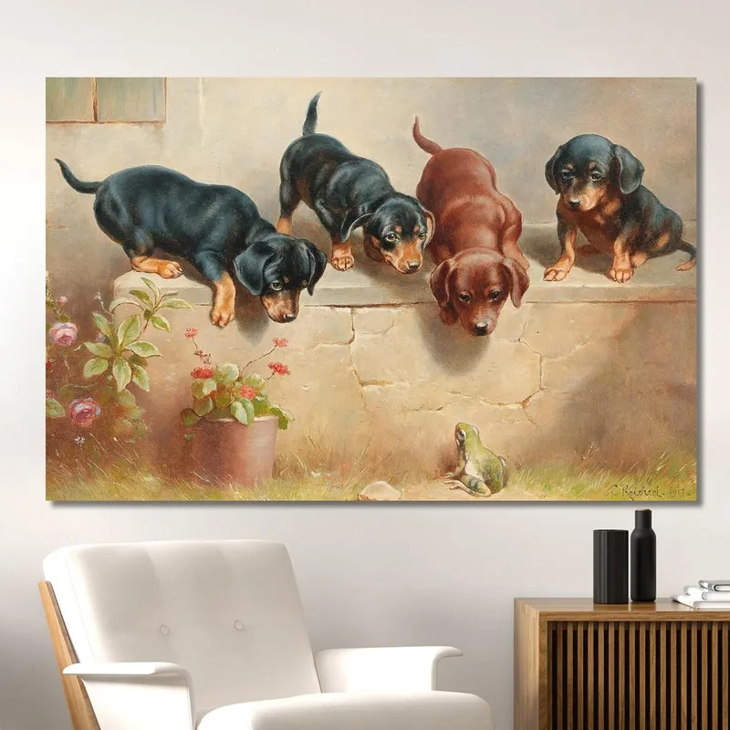 Curiosos Cachorros De Dachshund Y Una Rana Carl Reichert