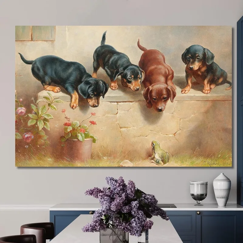 Curiosos Cachorros De Dachshund Y Una Rana Carl Reichert