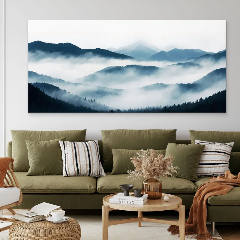 Peinture De Paysage Abstraite Misty Mountain Avec Blue Hills Et Forest