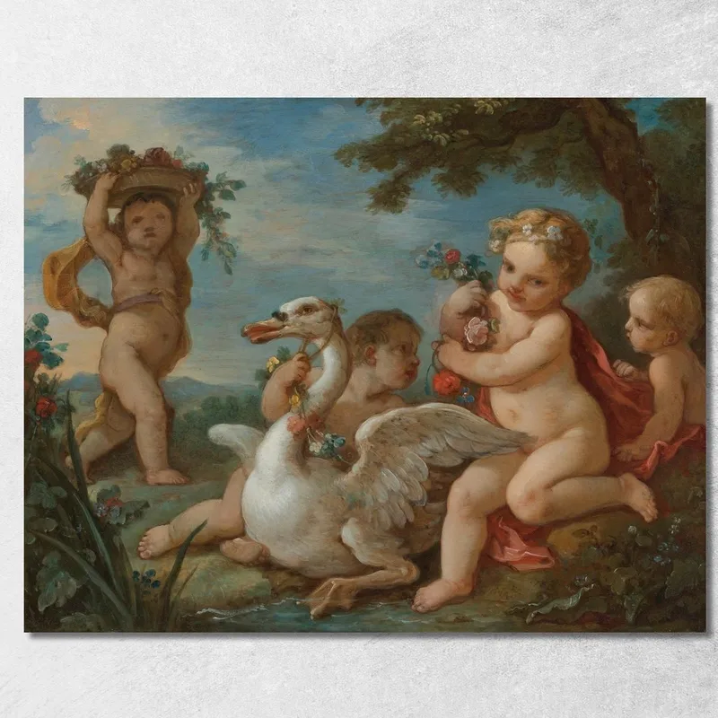 Putti Che Adornano Un Cigno Con Una Ghirlanda Di Fiori Charles-Joseph Natoire quadro stampa su tela