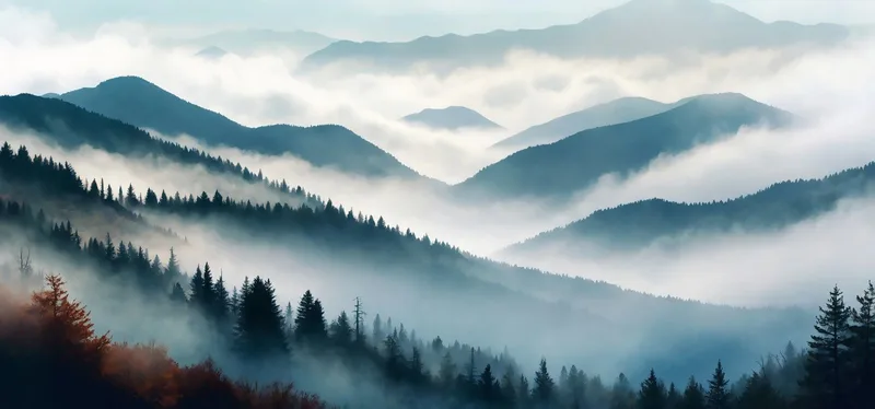 Quadro Paesaggio Astratto Montagna Nebbiosa Foresta Autunnale Blu E Arancione