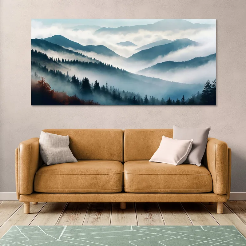 Quadro Paesaggio Astratto Montagna Nebbiosa Foresta Autunnale Blu E Arancione