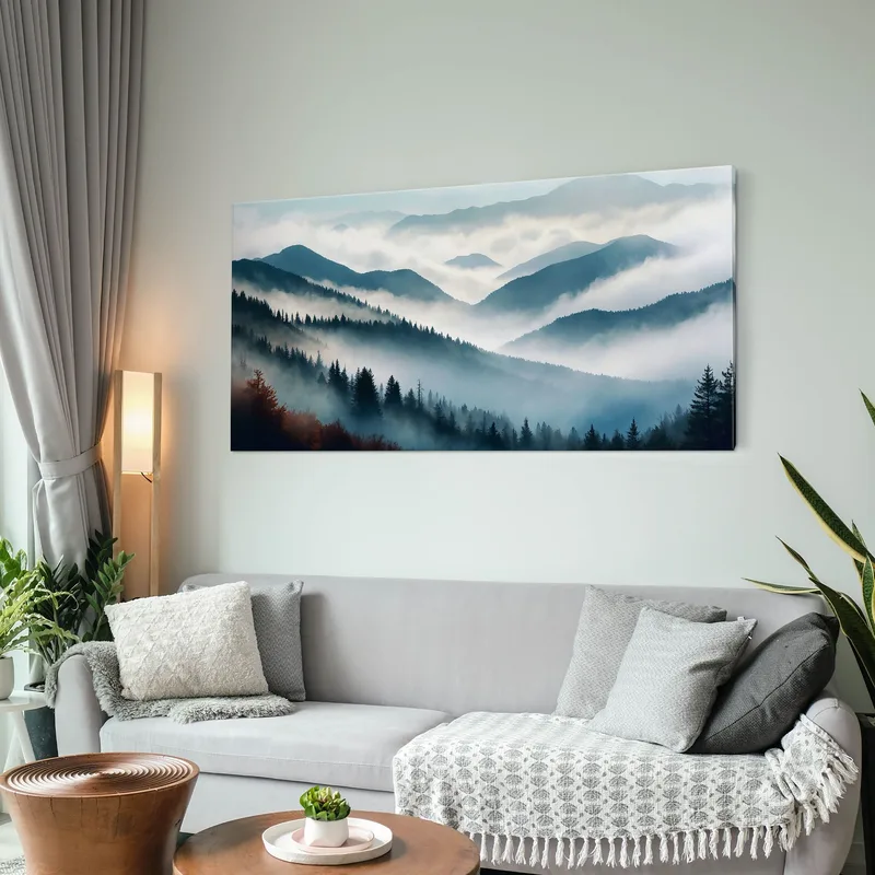 Quadro Paesaggio Astratto Montagna Nebbiosa Foresta Autunnale Blu E Arancione