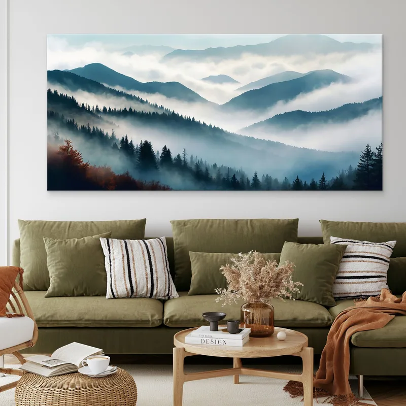 Quadro Paesaggio Astratto Montagna Nebbiosa Foresta Autunnale Blu E Arancione