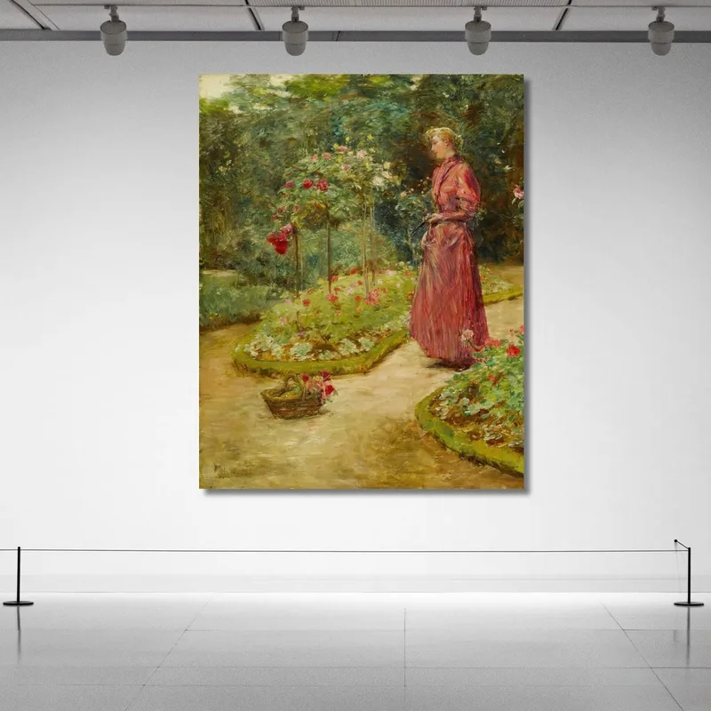 Femme Coupant Des Roses Dans Un Jardin Childe Hassam