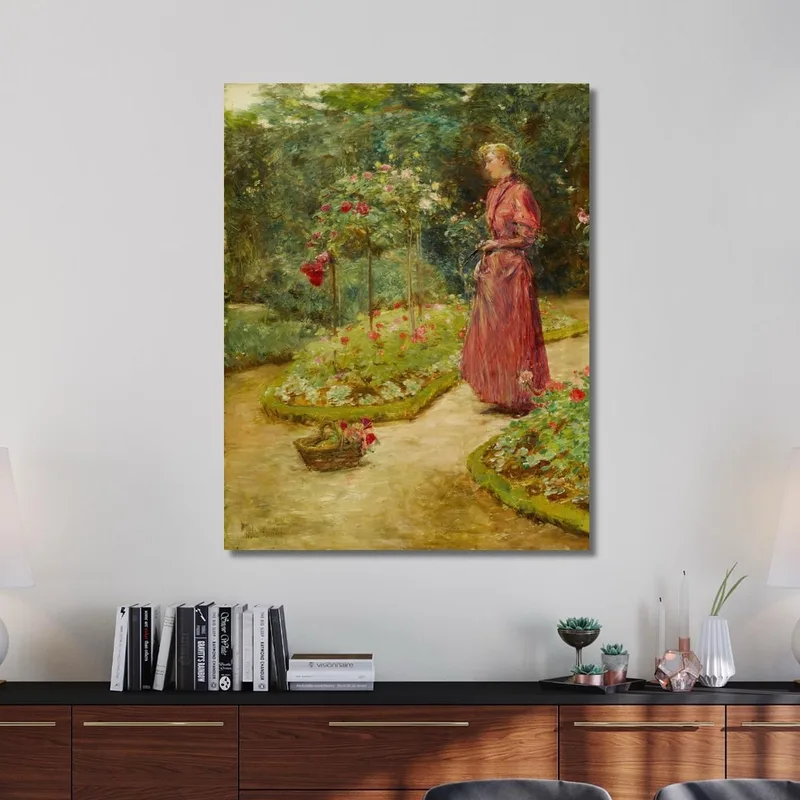 Femme Coupant Des Roses Dans Un Jardin Childe Hassam