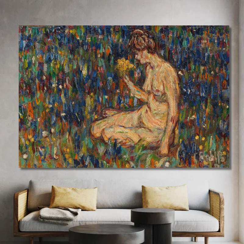 Desnudo Femenino Con Ramo De Flores Amarillas - Niña En El Prado Christian Rohlfs