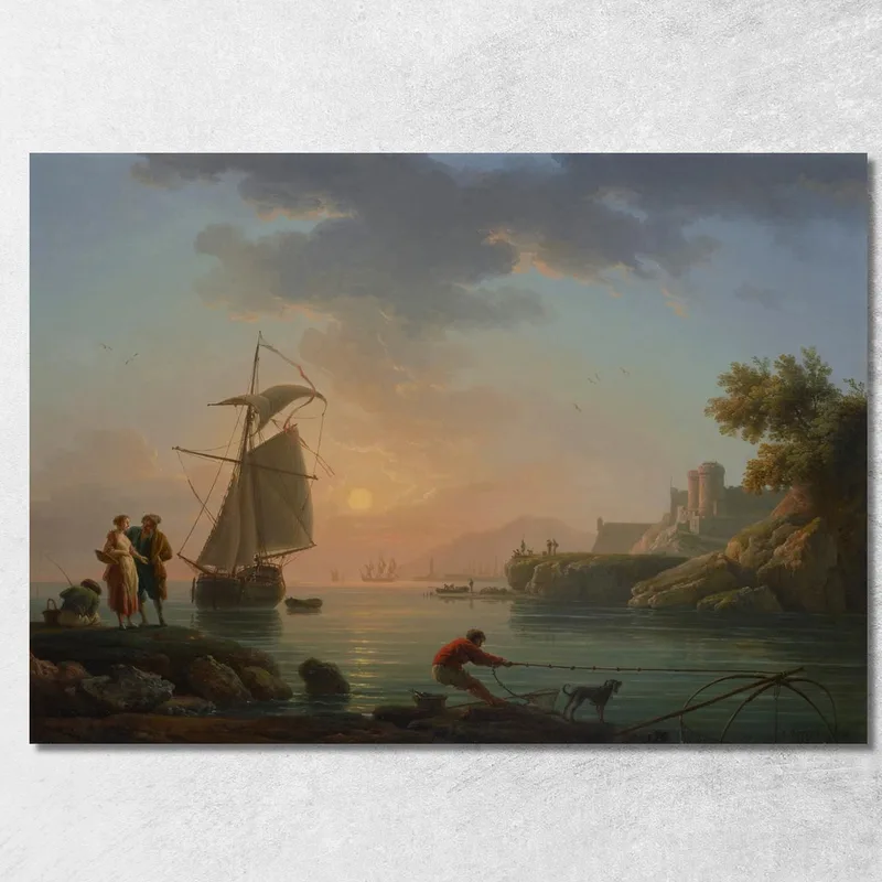 Puerto Mediterráneo Al Atardecer Con Un Pescador En Primer Plano Claude-Joseph Vernet cuadro en lienzo