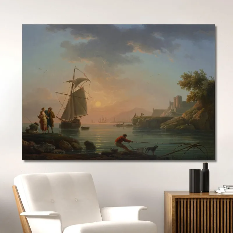 Puerto Mediterráneo Al Atardecer Con Un Pescador En Primer Plano Claude-Joseph Vernet