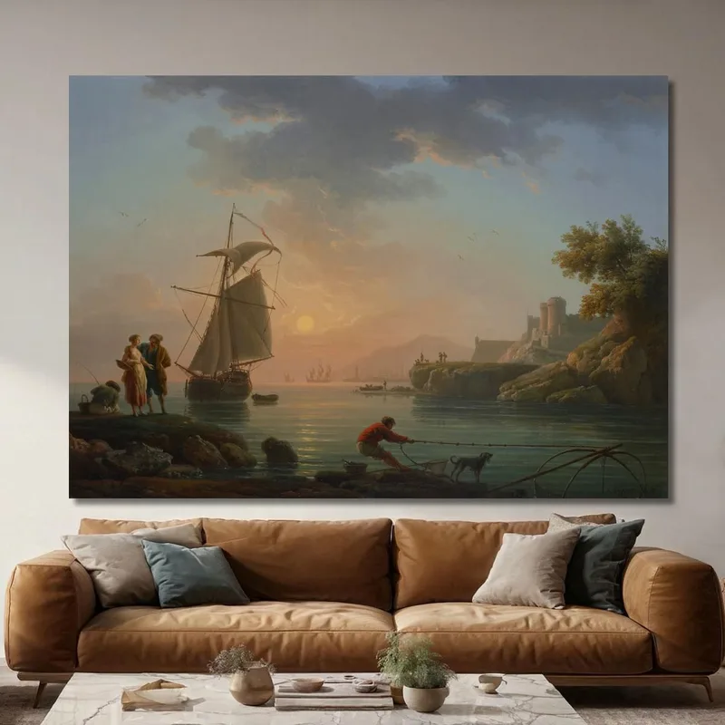 Puerto Mediterráneo Al Atardecer Con Un Pescador En Primer Plano Claude-Joseph Vernet