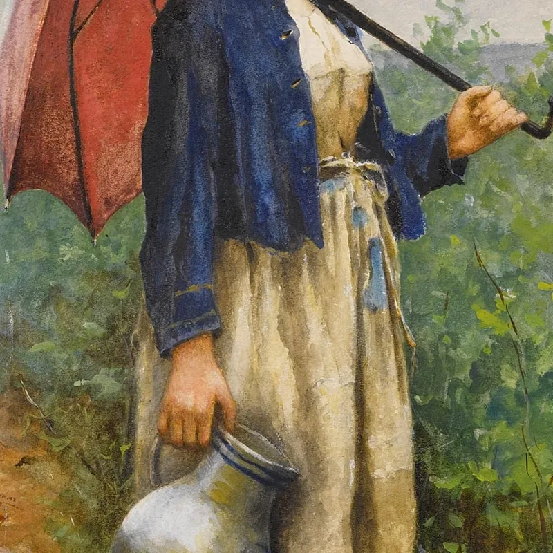Portrait Of A Woman With Umbrella Gathering Water Daniel Ridgway Knight