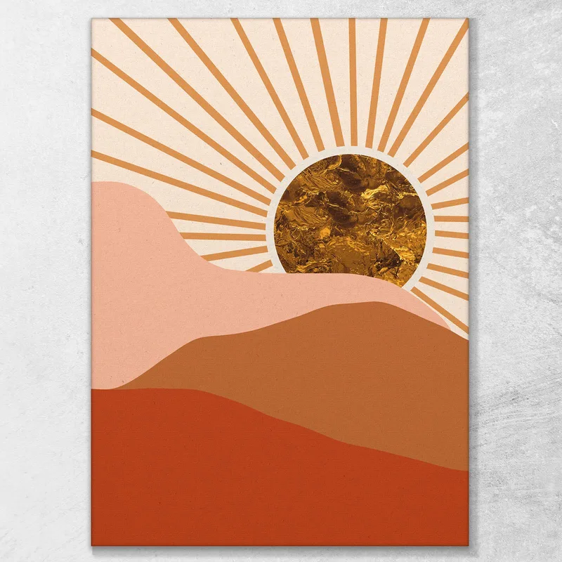 Quadro Boho Chic Minimal Alba Con Sole Dorato E Colline Arancione